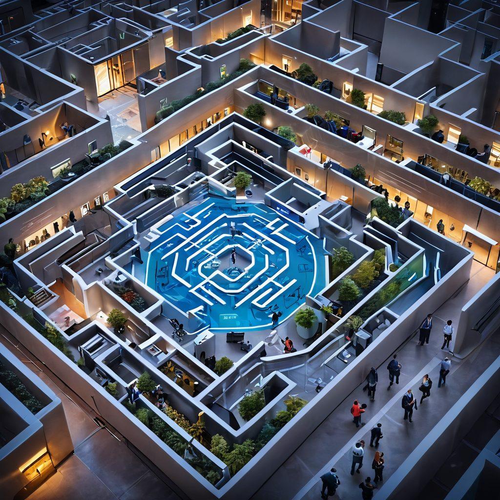 A complex maze with intricate pathways representing oversight, featuring contractors collaborating and discussing performance. Piles of documents and digital screens showcasing CPARS resources scattered throughout the maze. Bright arrows guiding the viewer through the maze, symbolizing direction and clarity. A backdrop of office buildings and high-tech elements to reflect the contractor environment. vibrant colors. super-realistic.
