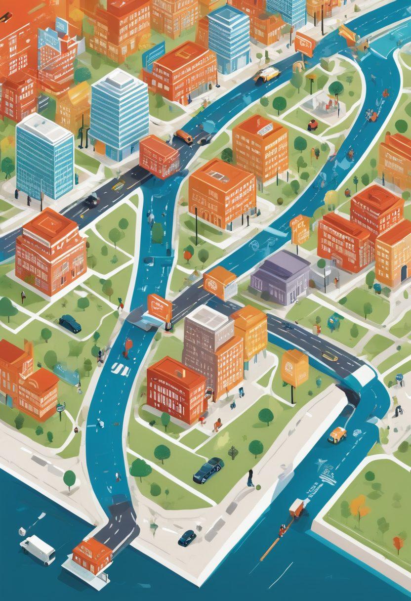 A bright and engaging illustration of a diverse group of professionals navigating a digital map filled with icons representing government contracts, CPARS resources, and milestones. Include pathways, directional signs, and a background of city landscapes symbolizing growth and opportunity. The atmosphere should feel dynamic and informative, inviting readers to explore. vibrant colors. vector art.