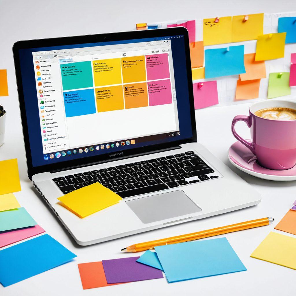 An open laptop displaying a vibrant digital diary interface, surrounded by colorful sticky notes and a coffee cup, symbolizing productivity and creativity. Include icons representing content management features like organization, collaboration, and analytics. The background should be bright and cheerful, suggesting a positive work environment. super-realistic. vibrant colors. white background.